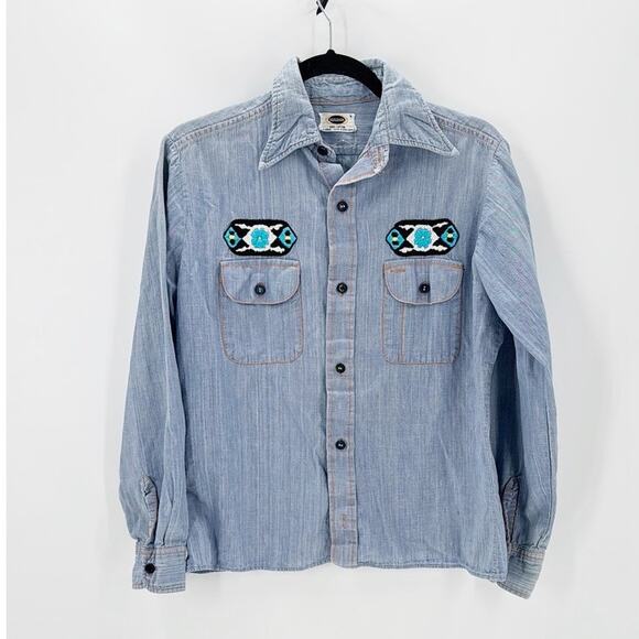 Vintage Saddlehorn denim like cotton embroidered southwestern button up size M - Picture 1 of 11